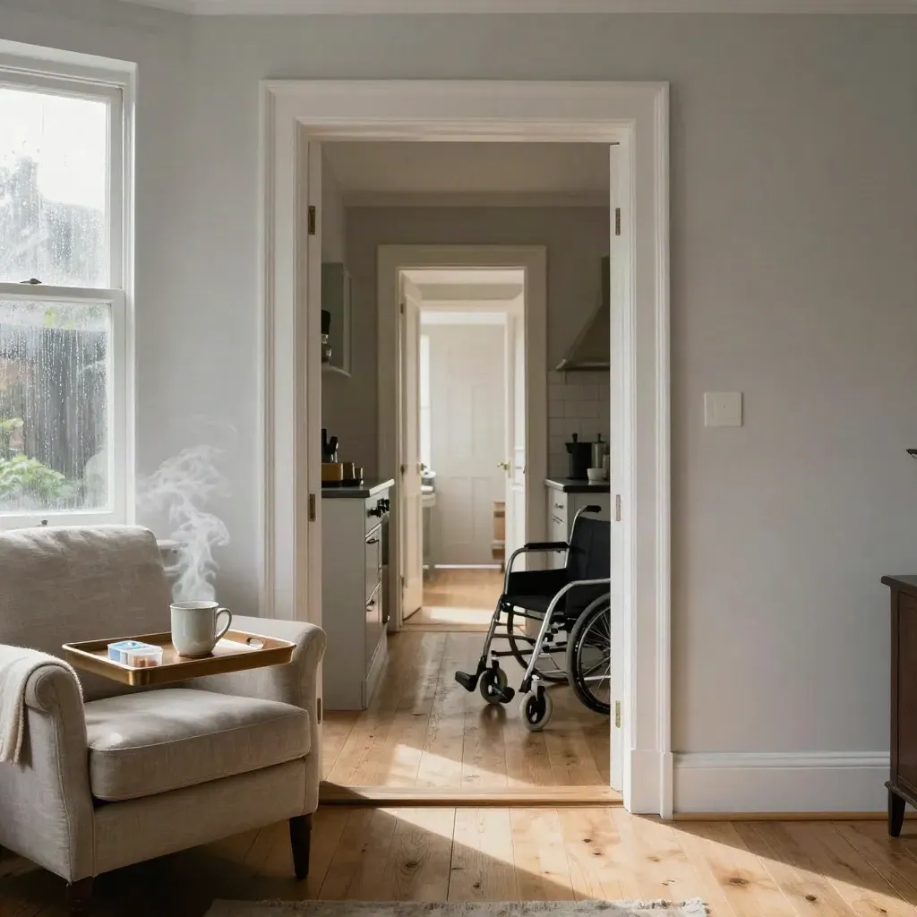 Rainlit Victorian care-ready sitting room with tea steam, tray, walker, and morning light