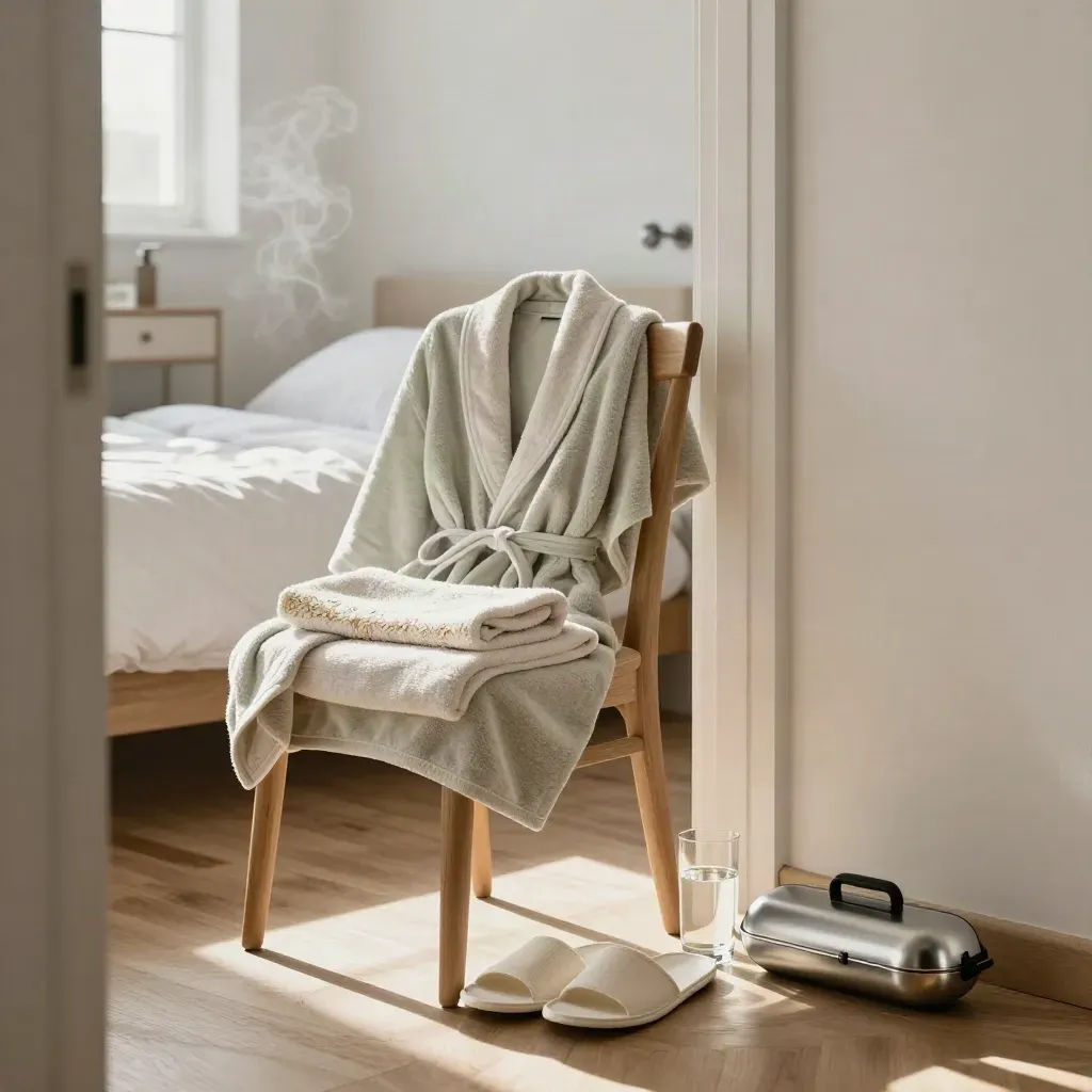Prepared bedroom care setup with towel, robe, slippers, grooming kit, and water by a sunlit bedside.