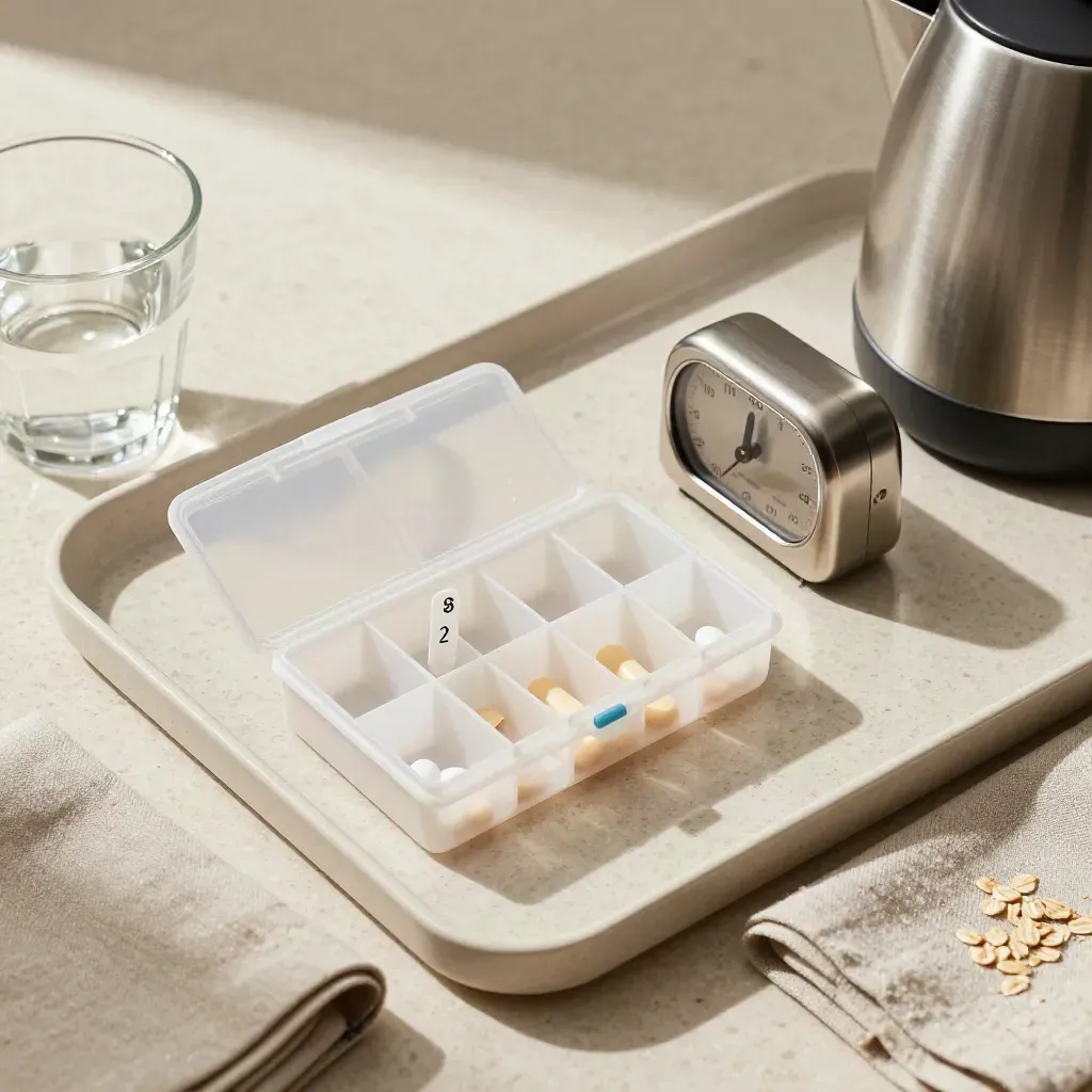 Top-down pill organiser, timer, water glass and kettle base on a travertine breakfast tray.