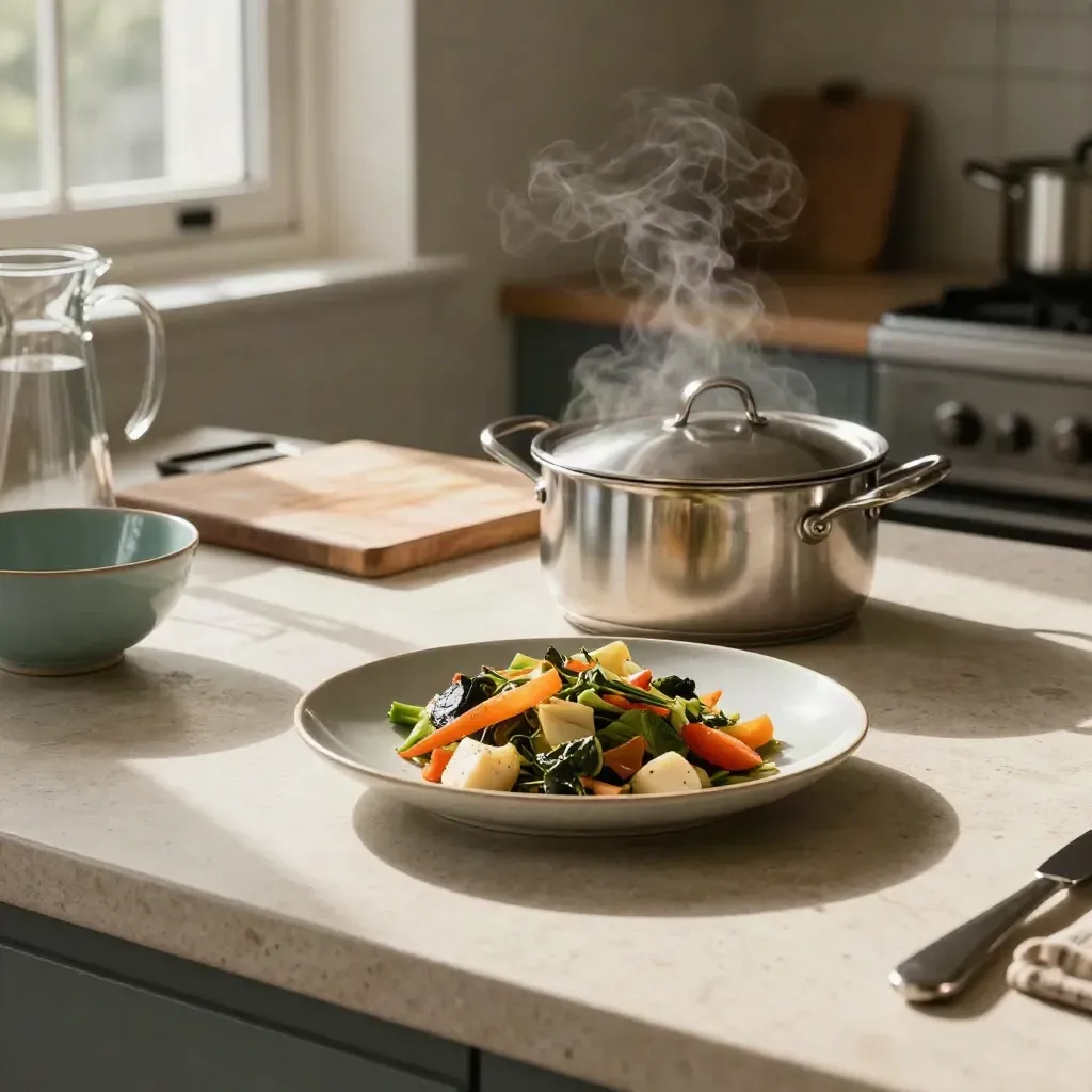 Steaming home lunch with covered saucepan, chopping board and glass pitcher on a kitchen counter