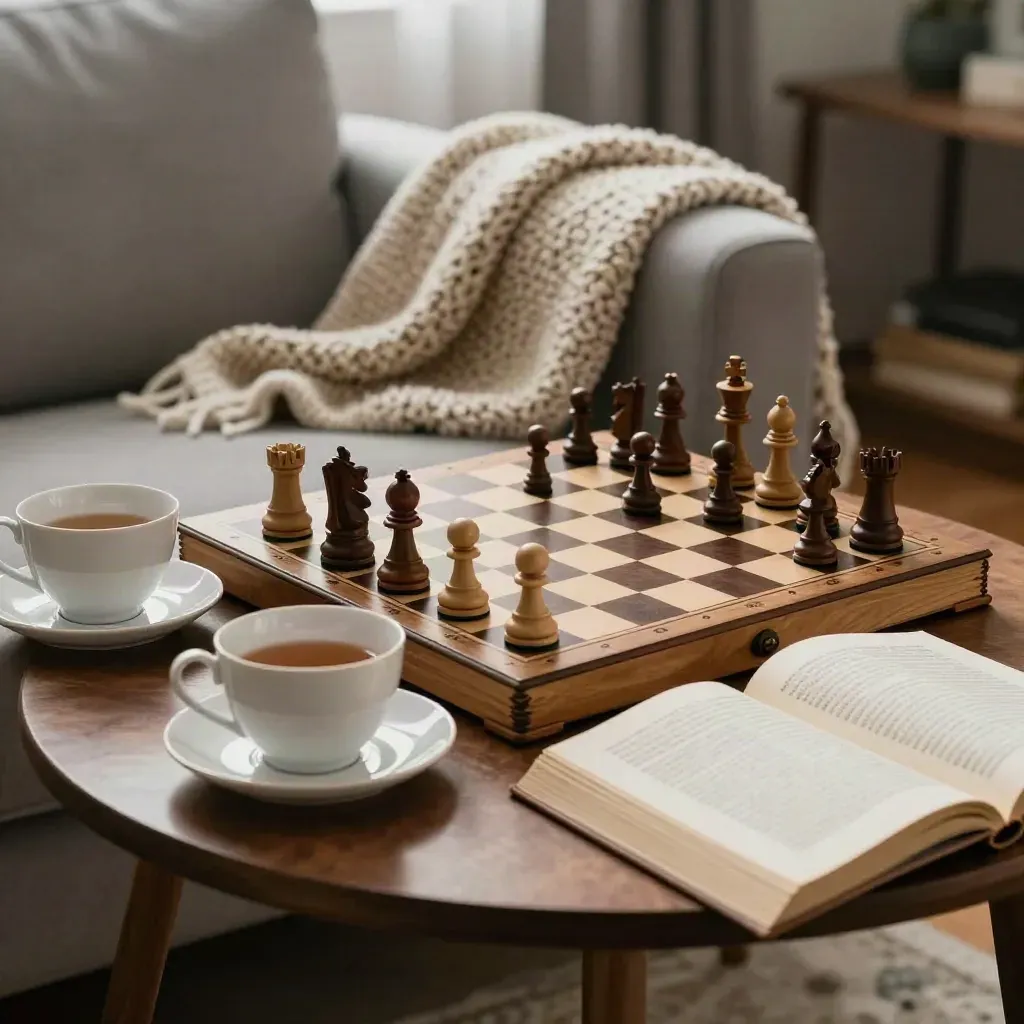 Chessboard, teacups, knit blanket, and face-down paperback in a quiet lounge.