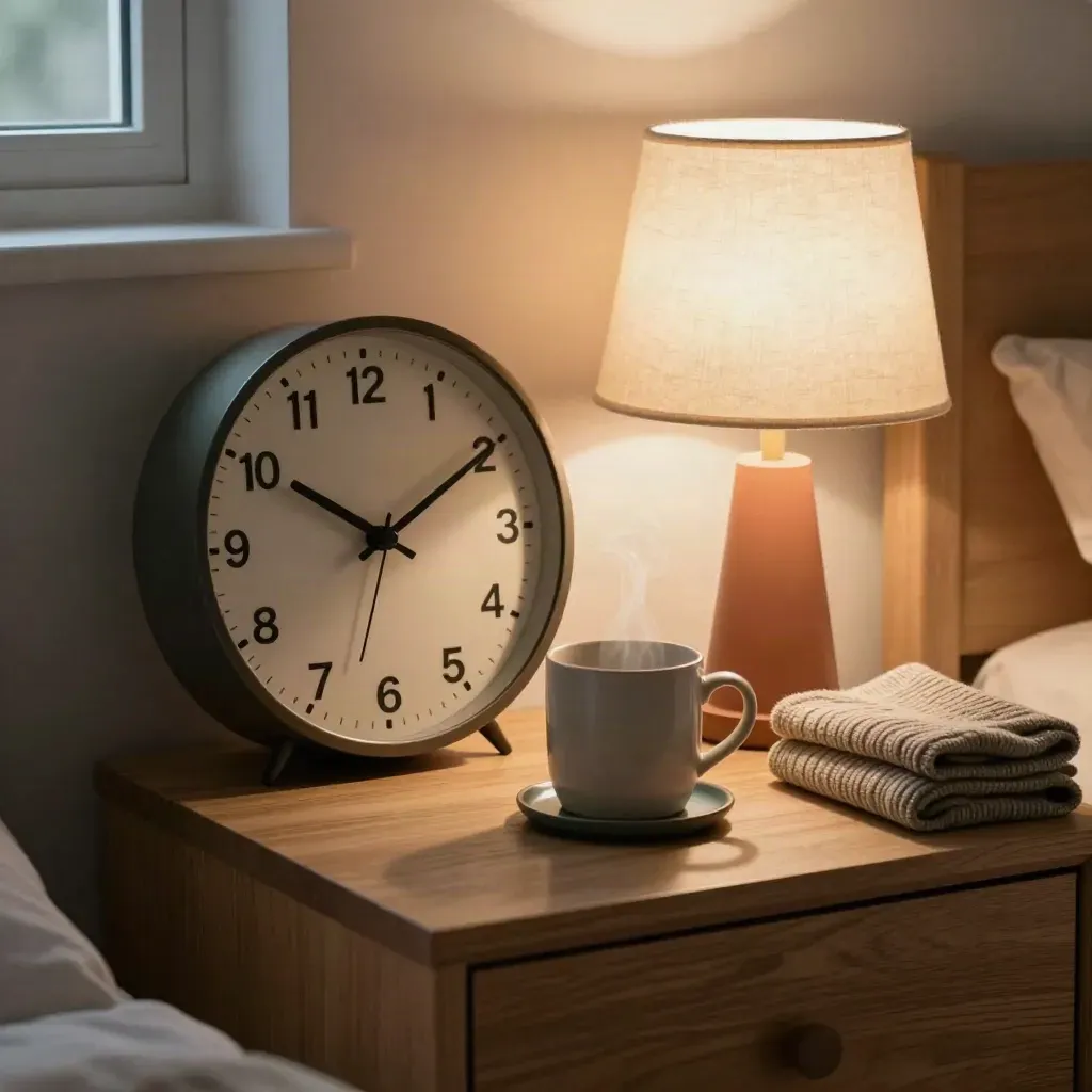 Bedside routine corner with a clock, lamp, mug and folded cardigan in warm evening light.