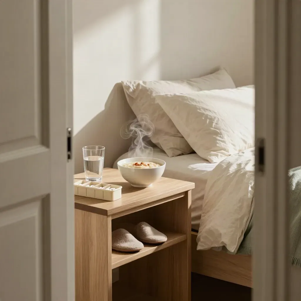 Bedroom care setup with breakfast, water, medication organiser, towel and slippers by a made bed.