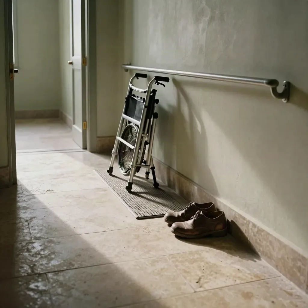 Clear hallway with walking frame, grab rail, mat and shoes in moody daylight.