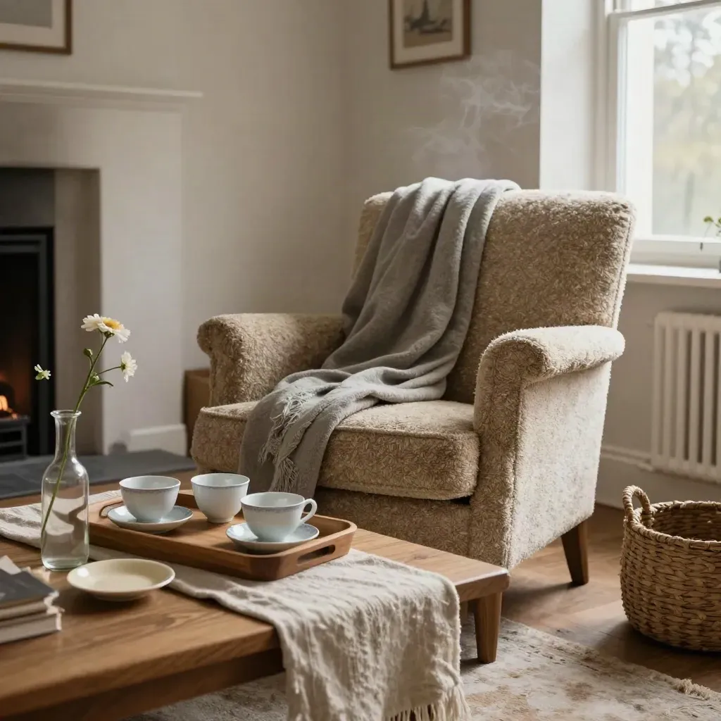 Cozy lounge with armchair, tea tray, flower stem and folded blankets in evening light