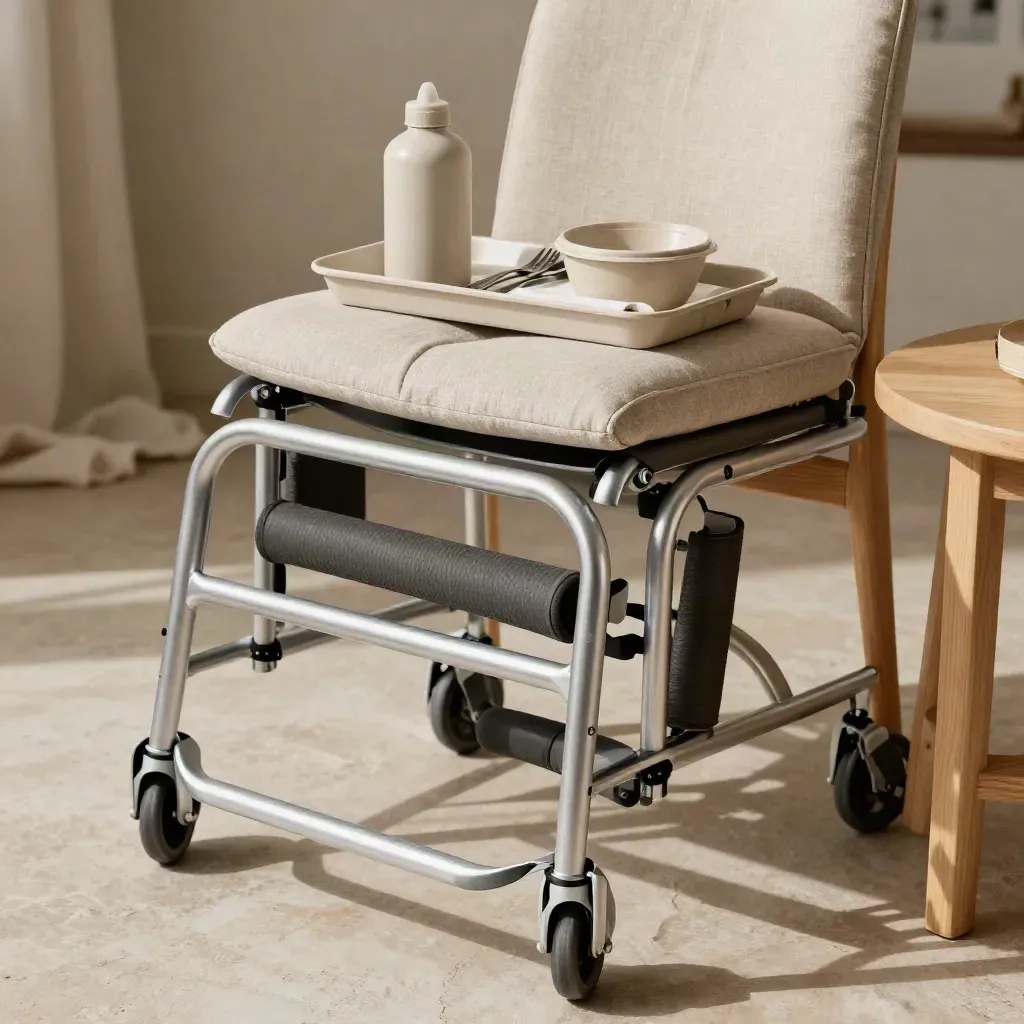 Recovery corner with walking frame, cushion, meal tray and easy-grip bottle ready for a visit