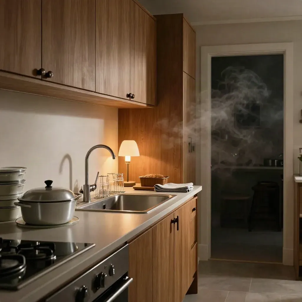 Dusk kitchen with meal containers, covered dishes, clean sink and warm lamp light.