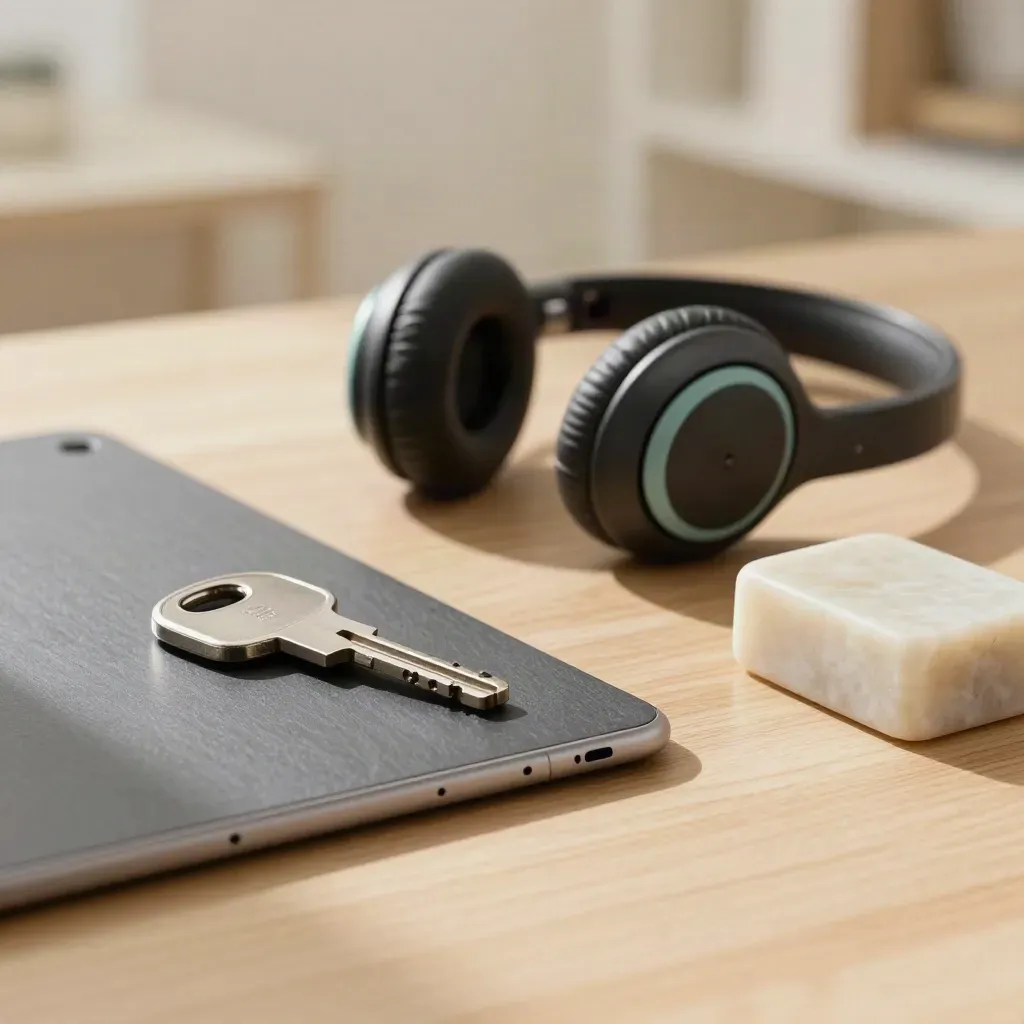 Macro care kit on pale oak desk: tablet, keysafe key, headset and stone paperweight.