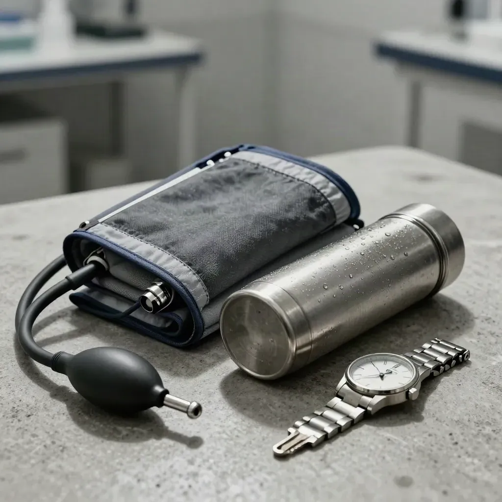 Blood-pressure cuff, thermos, radio earpiece and watch on brushed concrete, lit dramatically.