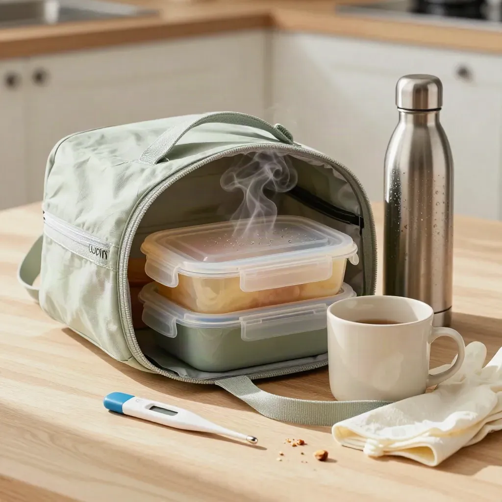 Open care tote with lunch container, mug, bottle, gloves and thermometer on pale wood.