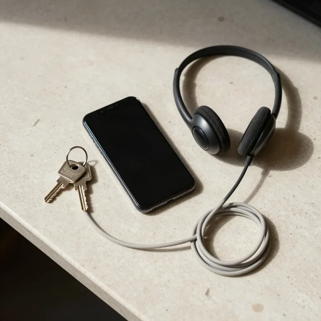 Top-down still life of a face-down phone, headset, keys and charging cable on pale stone.
