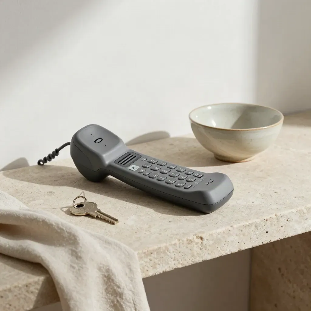 Phone handset, house key and ceramic bowl on a linen runner on a stone shelf