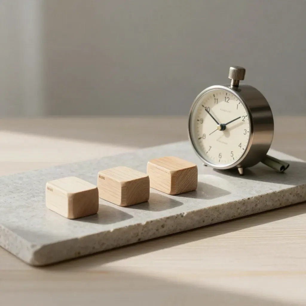 Wooden tokens and a timer on a stone tray beside folded sage fabric markers.