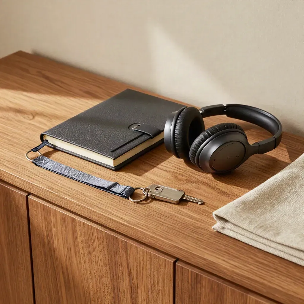 Charcoal care-intro objects arranged on an oak sideboard in soft daylight