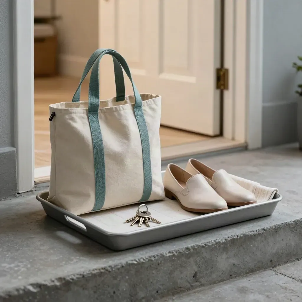 Entry tray with keys, tote and indoor shoes by a sunlit front door
