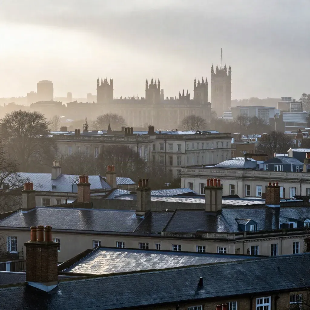 Hazy North London skyline at dawn with rooftops and Alexandra Palace