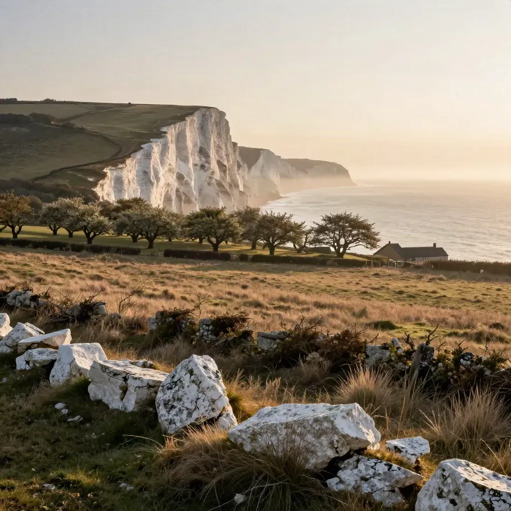 Kent chalk cliffs above orchard edge and distant oast roofs in golden sea haze.