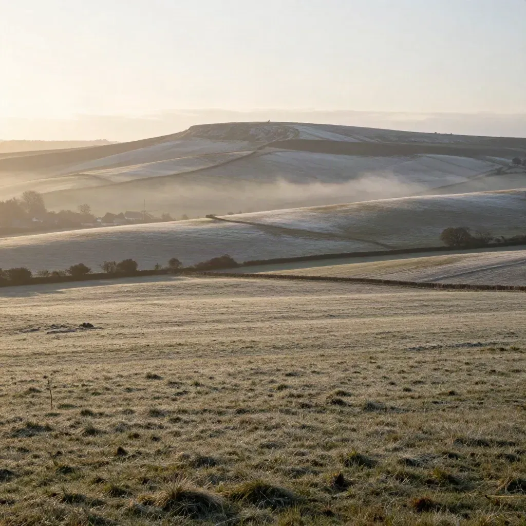 Dawn over the Surrey downs with chalk fields, low cloud and a distant village edge.