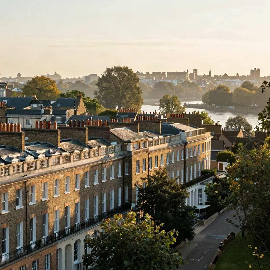 West London rooftops and plane trees in golden evening mist, calm open space below for copy.